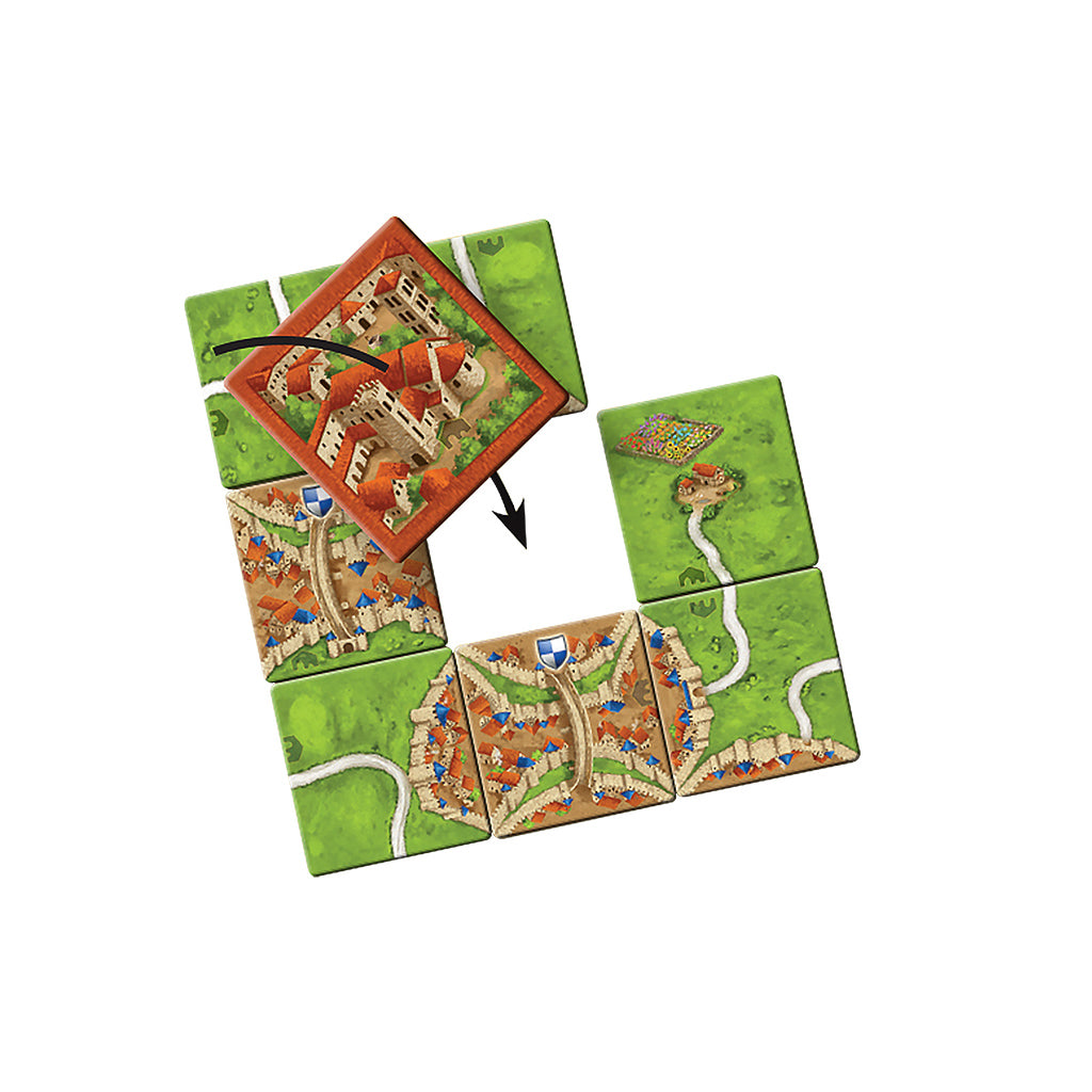Carcassonne Expansion 5: Abbey and Mayor game tiles showing a new abbey piece and surrounding landscape for strategic gameplay.