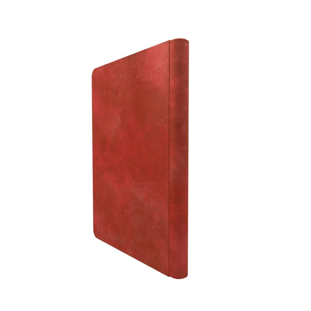 Red zip-up album by Gamegenic, featuring 18 pockets for trading cards, designed for organization and protection.