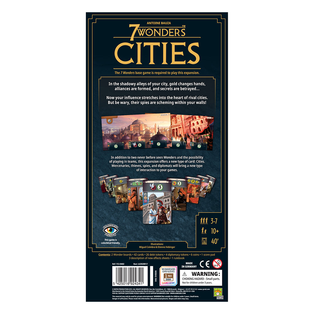 Back cover of 7 Wonders: Cities (New Edition) featuring game details, components, and expansion information.