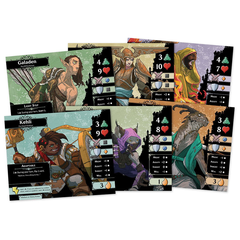 Character cards from Descent: Legends of the Dark featuring unique heroes with stats and abilities for gameplay.