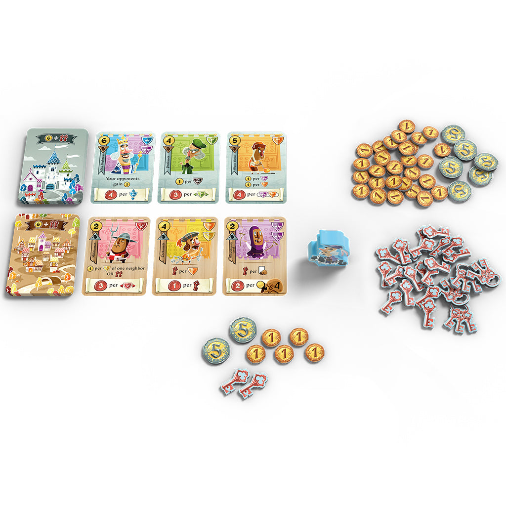 Colorful game components of Castle Combo, including cards, tokens, and a storage container, arranged on a white background.