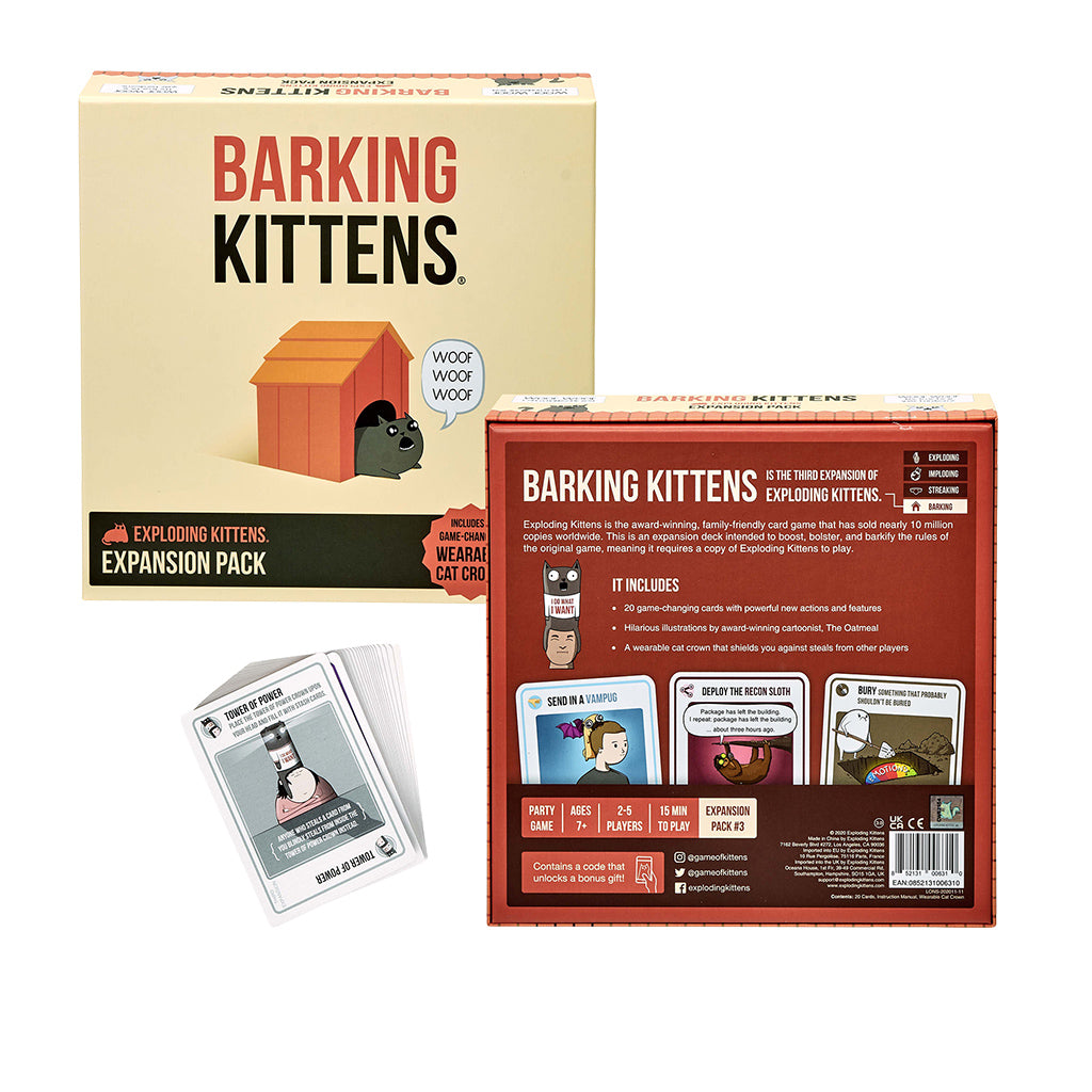 Barking Kittens expansion pack for Exploding Kittens, featuring a box, cards, and playful cat-themed artwork.