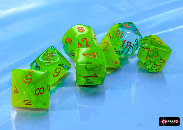 Chessex Gemini Plasma Green-Teal/Orange Luminary Polyhedral 7-Dice Set featuring vibrant green and teal colors with orange numbers.