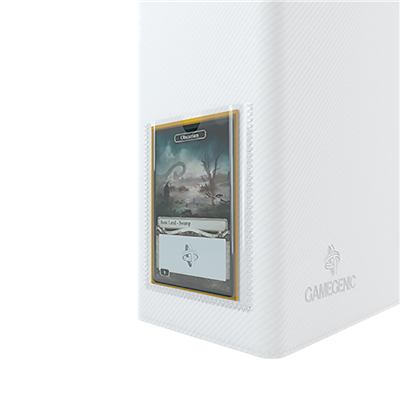 White Gamegenic Prime Ring-Binder featuring a clear pocket for card display, ideal for organizing trading cards.