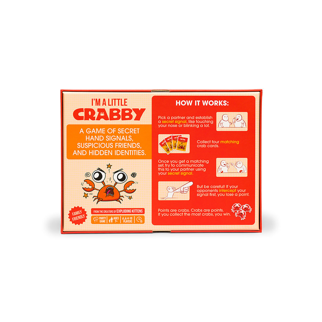 Box back of "I'm a Little Crabby" board game featuring game instructions, illustrations, and playful crab graphics.