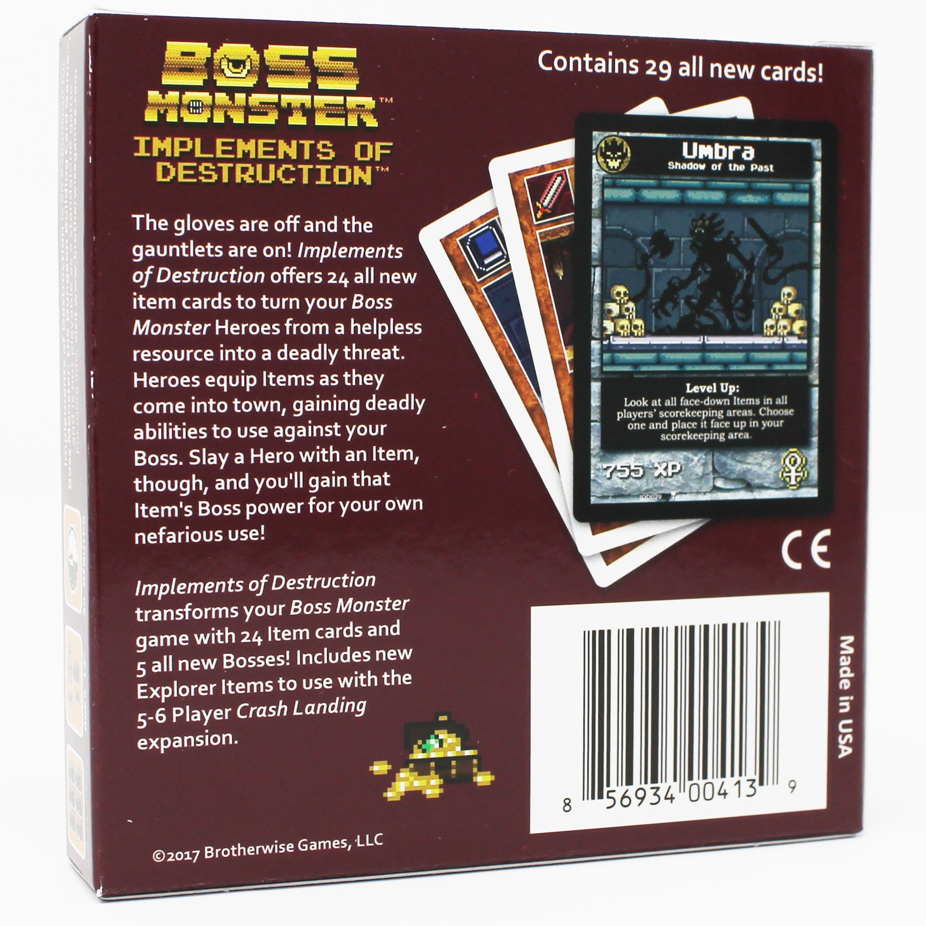 Boss Monster Implements of Destruction Expansion back cover showcasing new cards and gameplay features for strategy enthusiasts.