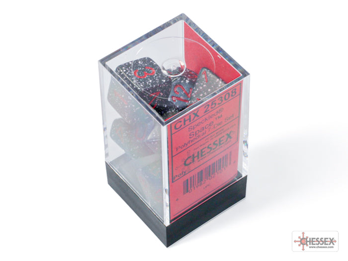 Chessex Speckled Space Polyhedral 7-Dice Set in a clear display box, featuring black dice with red numbers and speckles.