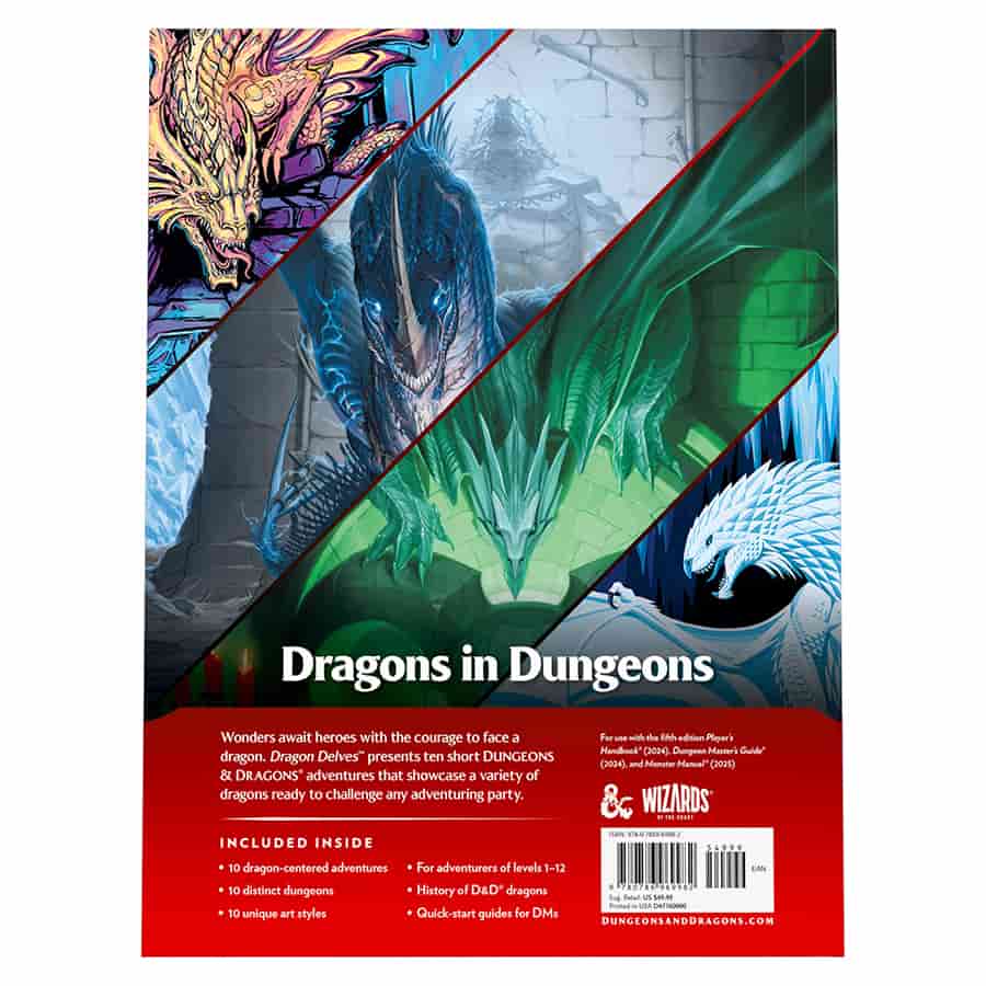 Back cover of Dungeons & Dragons 5E RPG: Dragon Delves hardcover, featuring colorful dragon artwork and adventure details.