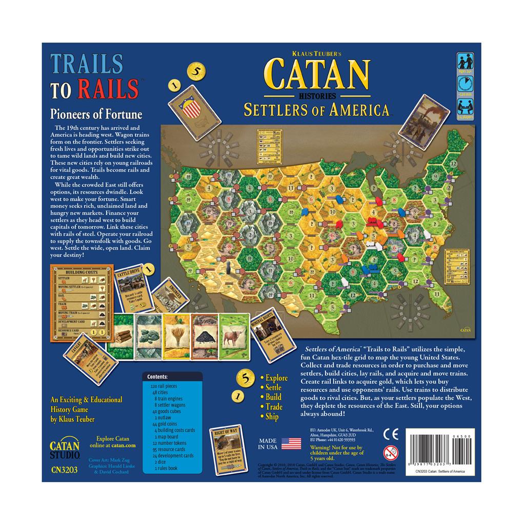 Catan - Settlers of America game box featuring a map of the United States, game pieces, and cards for gameplay.