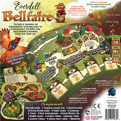 Everdell: Bellfaire Expansion box art featuring game components, player boards, and event cards for strategy gameplay.