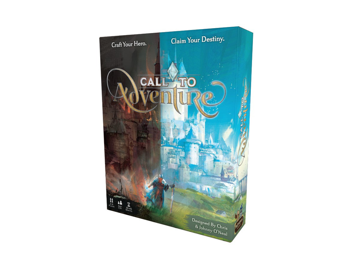 Box art for the board game "Call to Adventure," featuring fantasy landscapes and characters. Designed for strategy enthusiasts.