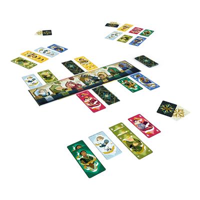 Colorful game board and cards from the Courtisans board game, featuring various characters and strategic layouts.