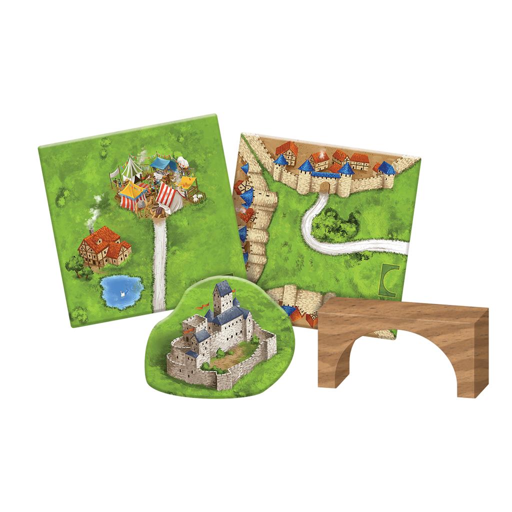 Carcassonne Expansion 8: Bridges, Castles and Bazaars includes game tiles, a wooden bridge, and a castle piece for enhanced gameplay.