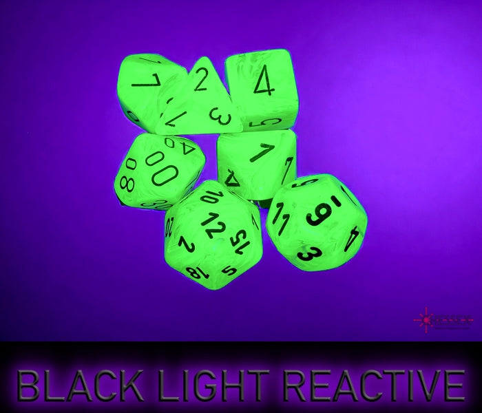 Chessex Vortex Bright Green and Black polyhedral 7-dice set, glowing under black light, showcasing clear numbers.