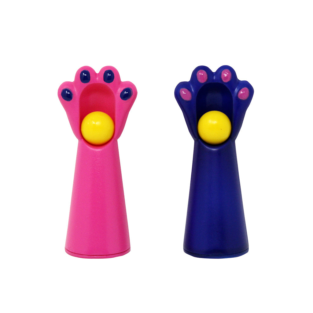 Colorful game pieces resembling cat paws in pink and blue, each holding a yellow ball for the game "A Game of Cat and Mouth.