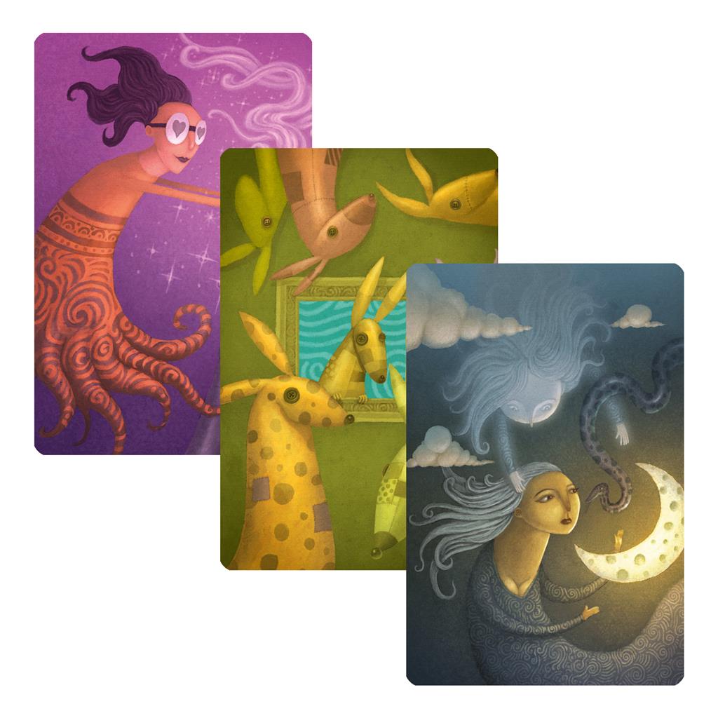 Colorful cards from the Dixit: Daydreams Expansion featuring whimsical illustrations of dreamlike characters and scenes.