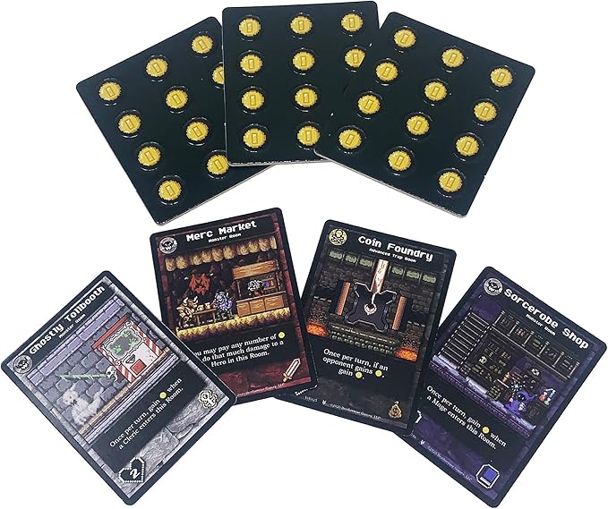 Boss Monster: Vault of Villains expansion featuring game cards including Merc Market, Coin Foundry, and Sorceress Shop.