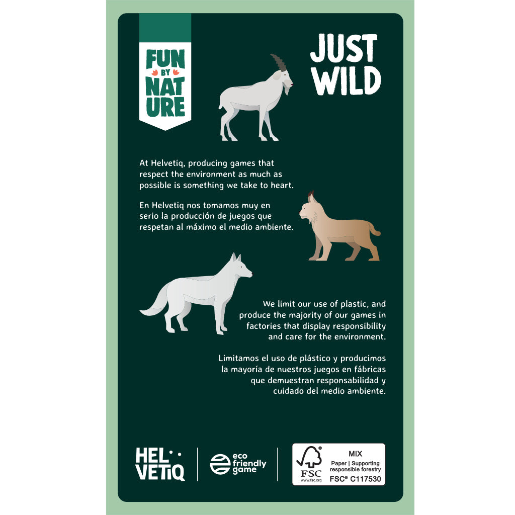 Eco-friendly board game "Just Wild" by Helvetiq, emphasizing sustainability and responsible production practices.