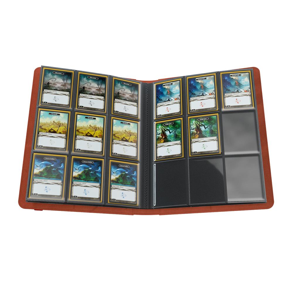Gamegenic Prime Album 18-Pocket Binder in red, displaying trading cards organized in clear pockets.