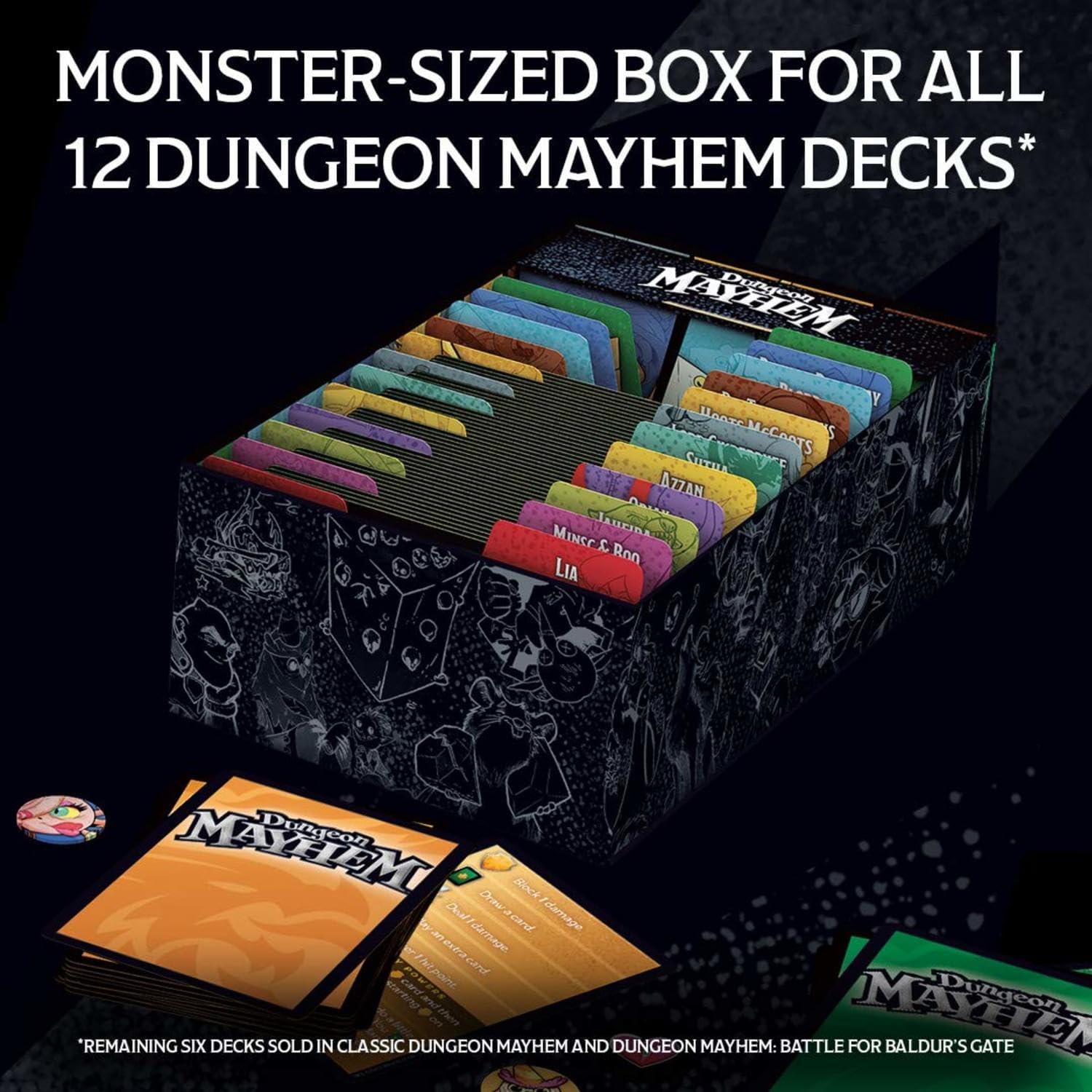 Large storage box for all 12 Dungeon Mayhem decks, featuring colorful dividers and a bold design.