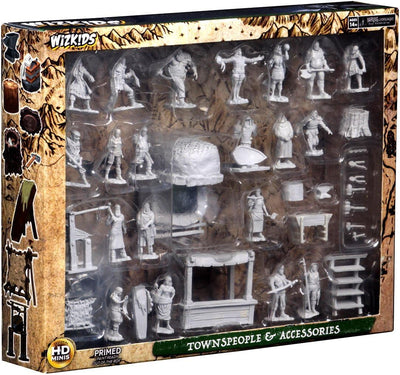 Unpainted miniatures set featuring townspeople and accessories, ideal for tabletop gaming and dioramas.