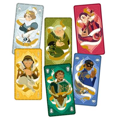 Colorful illustrated cards from the game Courtisans, featuring various characters with unique designs and motifs.