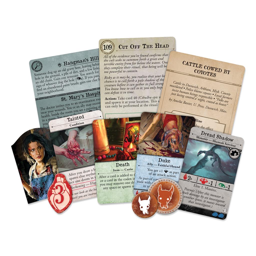 Arkham Horror 3E Under Dark Waves expansion components including cards, tokens, and character pieces for gameplay.