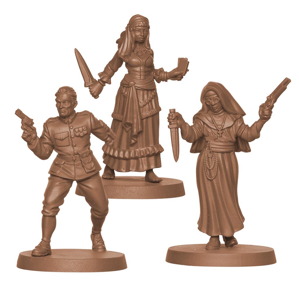 Three unpainted miniatures from Cthulhu: Death May Die, featuring a soldier and two women wielding weapons.