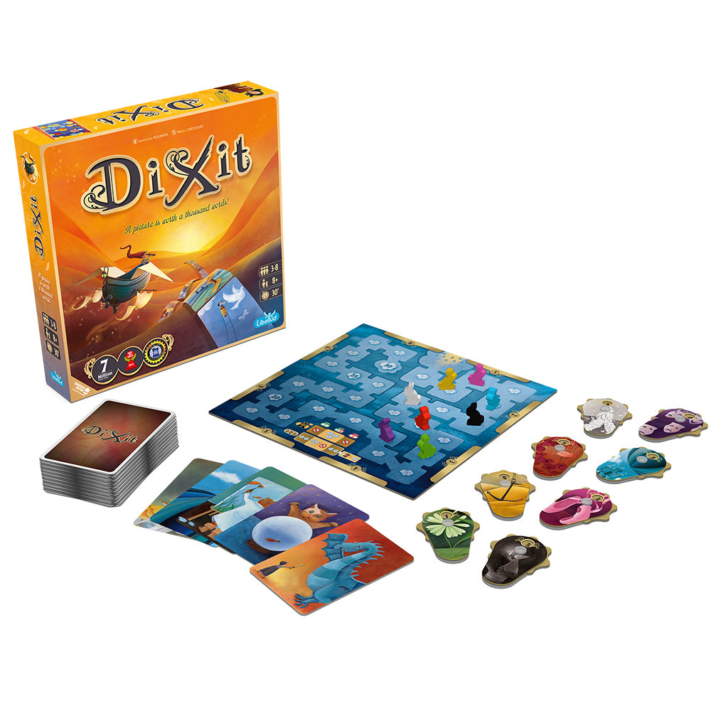 Dixit board game 2021 refresh with colorful cards, game board, and player pieces displayed next to the box.
