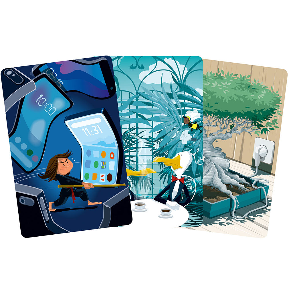 Three illustrated cards from the Dixit: Mirrors Expansion featuring whimsical scenes of a girl with devices, a duck in a garden, and a serene bonsai tree.