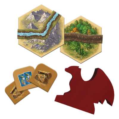 Catan Treasures, Dragons & Adventurers scenario components including hex tiles, resource cards, and a dragon figure.