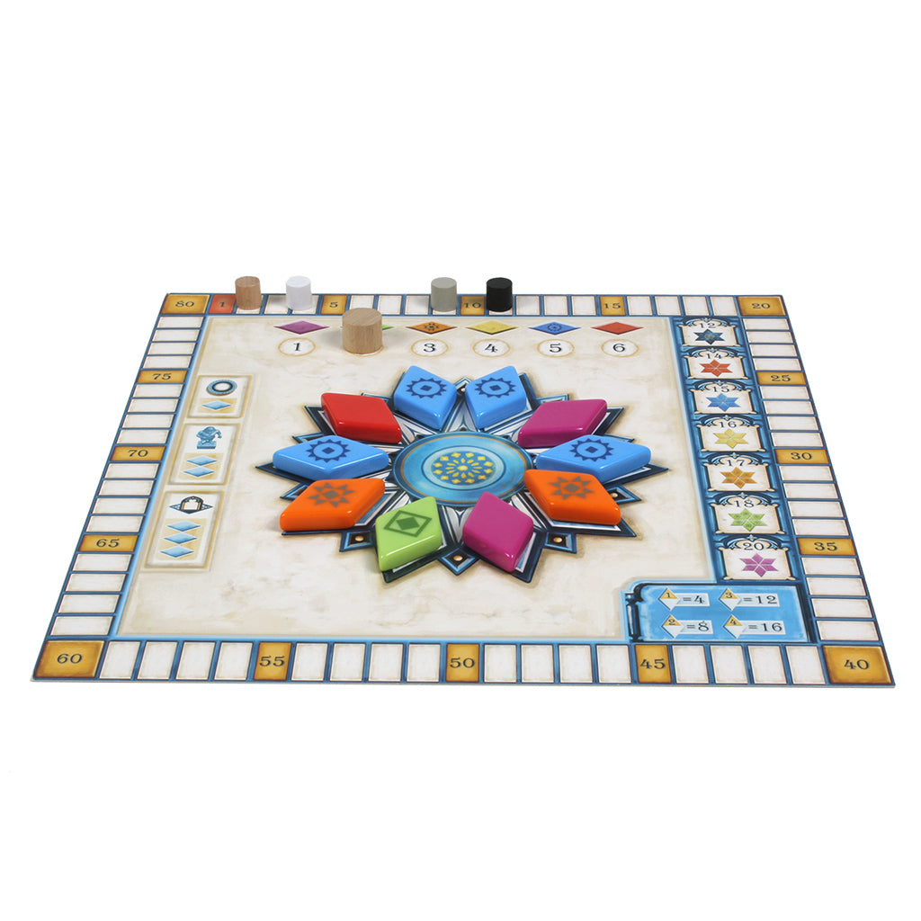 Colorful game board of Azul Summer Pavilion featuring a floral design, player markers, and scoring tracks.