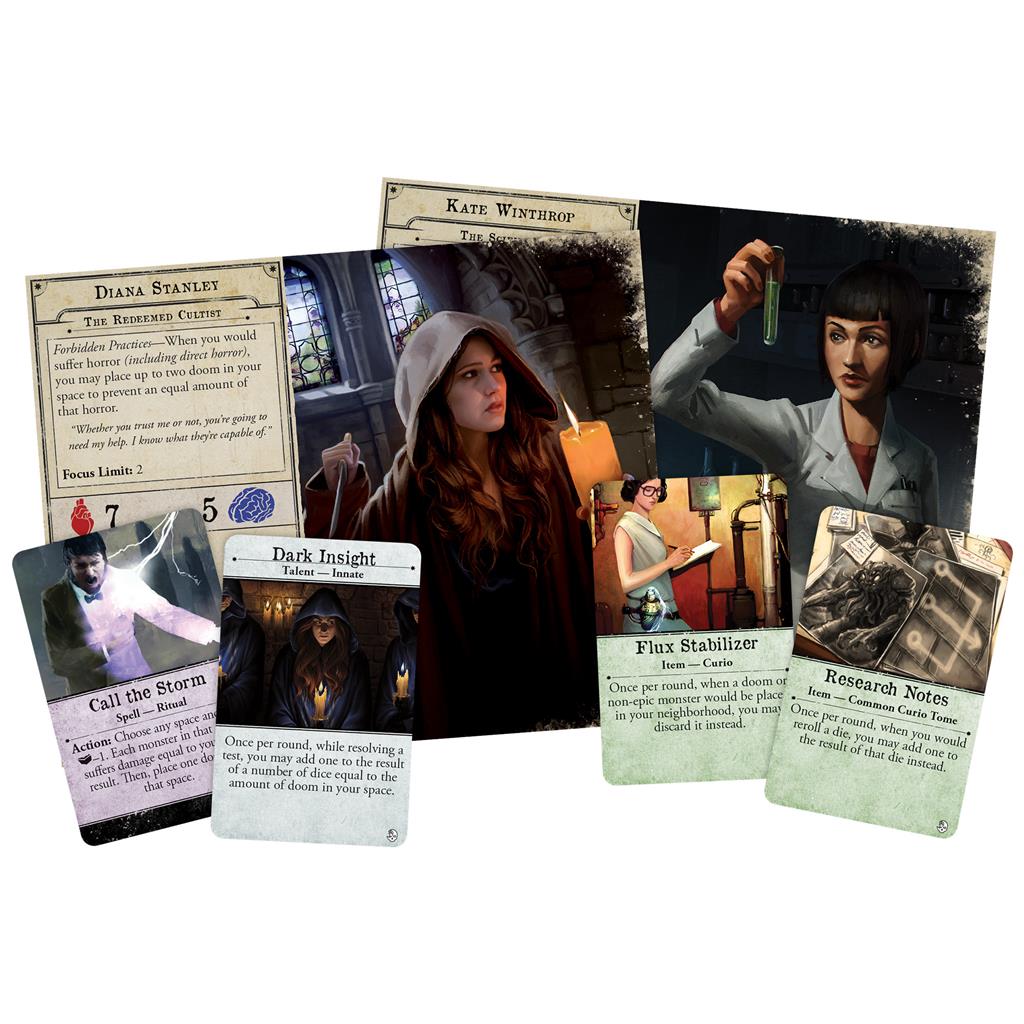 Arkham Horror 3E: The Dead of Night game components featuring character cards, action cards, and a player board.