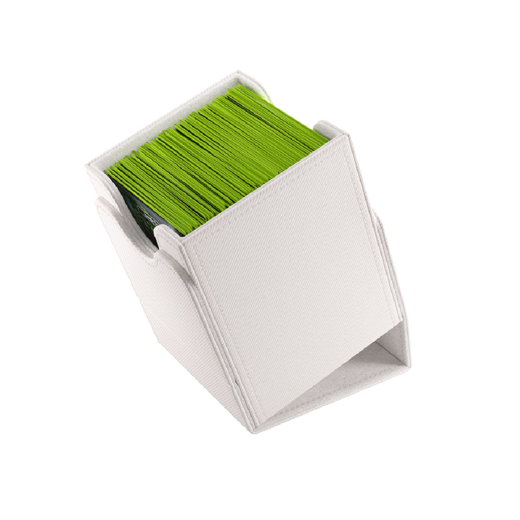 Gamegenic Deck Box Squire 100+ XL in white, holding a stack of green gaming cards, designed for card protection and storage.