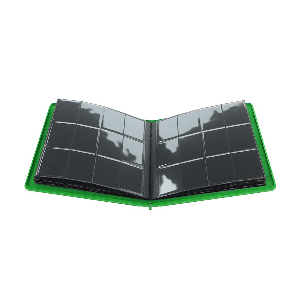 Gamegenic green zip-up album featuring 24 pockets for card storage, showcasing a sleek design with black inserts.