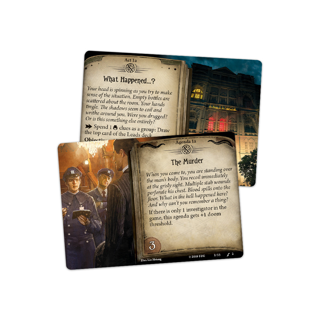 Arkham Horror LCG: Murder at the Excelsior Hotel cards featuring narrative text and artwork depicting a crime scene and investigators.
