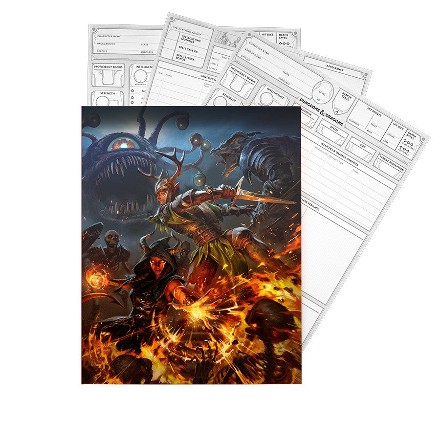 Dungeons and Dragons 2024 character sheets with dynamic fantasy artwork featuring adventurers battling monsters.