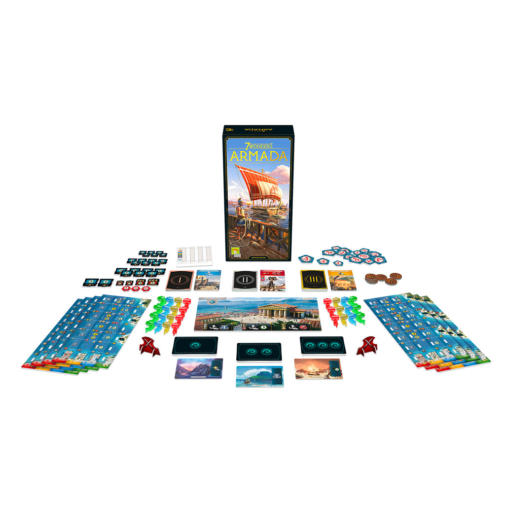 7 Wonders: Armada (New Edition) board game components displayed, including cards, tokens, player boards, and the game box.