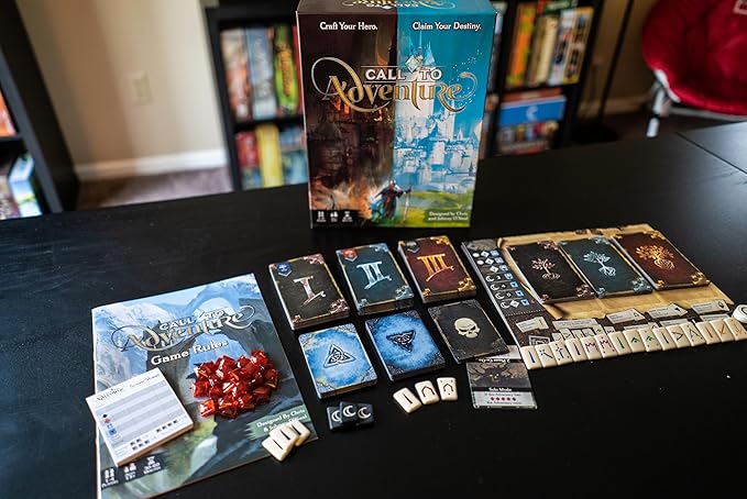 Call to Adventure board game setup featuring game rules, cards, tokens, and character pieces on a table.