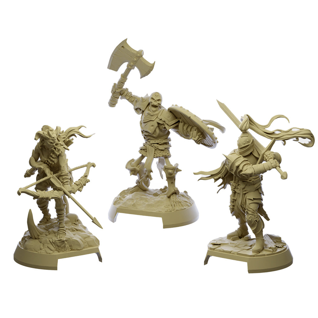 Three unpainted miniatures from Descent: Legends of the Dark - The Betrayer's War, featuring a warrior, an archer, and a knight.