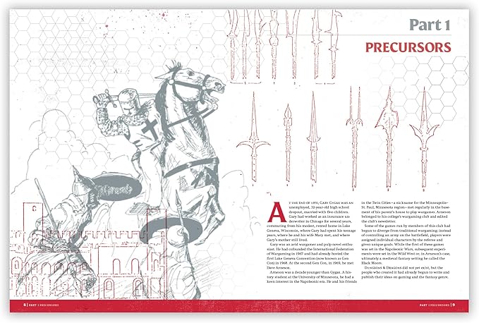 Illustration from "The Making of Original Dungeons & Dragons," featuring a knight on horseback and various weapon designs.