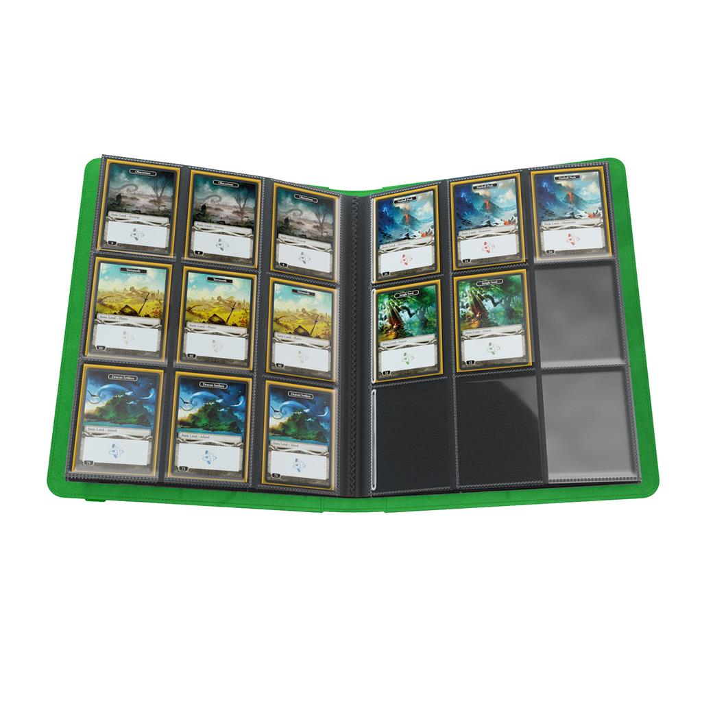 Gamegenic Prime Album 18-Pocket in green, showcasing trading cards in organized pockets for protection and display.