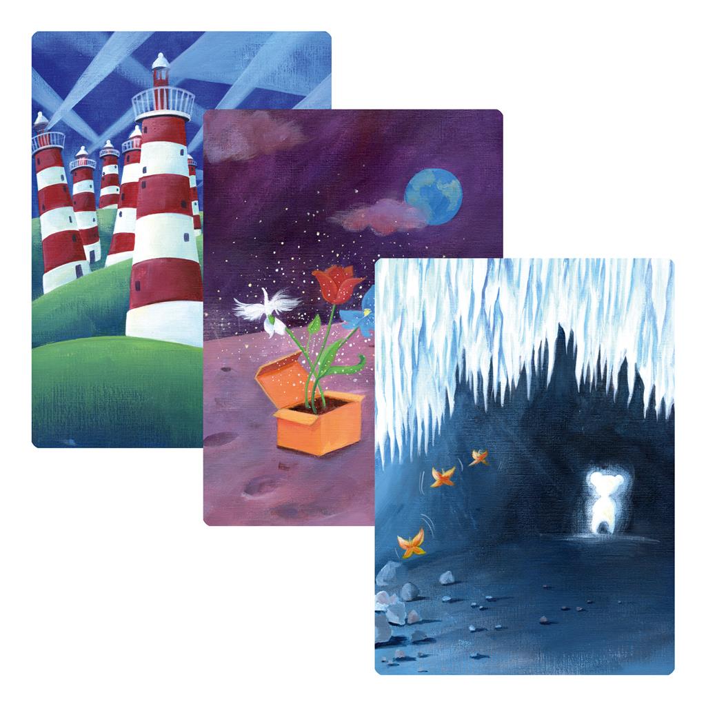 Three illustrated cards from the Dixit: Quest Expansion featuring whimsical landscapes, including lighthouses, a flower in a box, and a cave with ice formations.