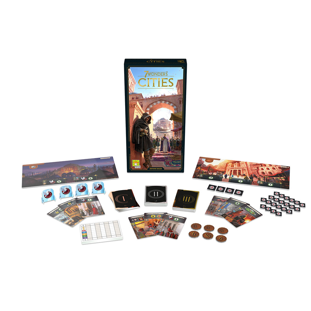 7 Wonders: Cities board game box with game components including cards, tokens, and a score sheet arranged around it.