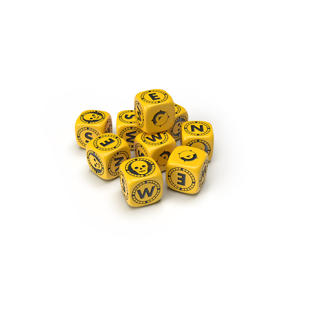 Yellow dice featuring symbols and letters for the Broken Compass RPG Narrator Accessory Kit, stacked in a pile.