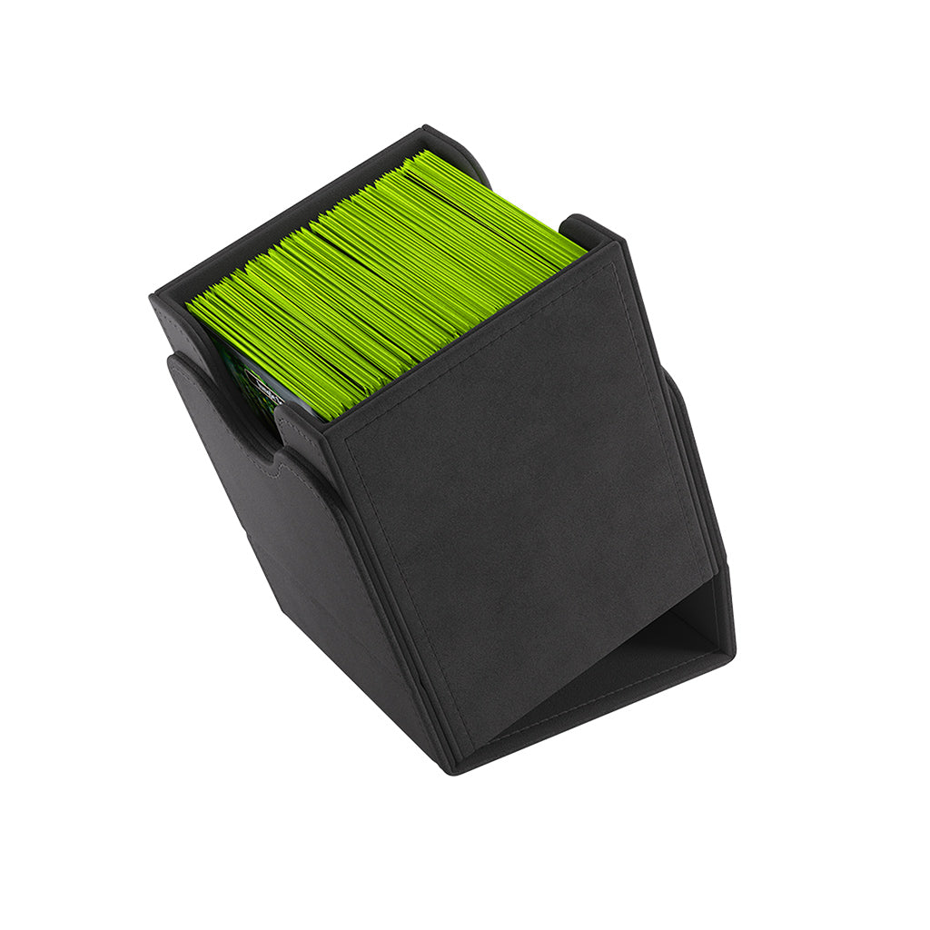 Gamegenic Deck Box Squire 100+ XL in black, holding green cards, designed for card game storage and protection.