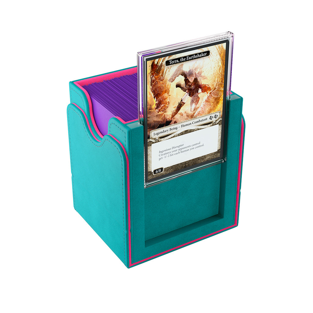 Gamegenic Deck Box Squire 100+ XL in teal and pink, holding a trading card with a character illustration.