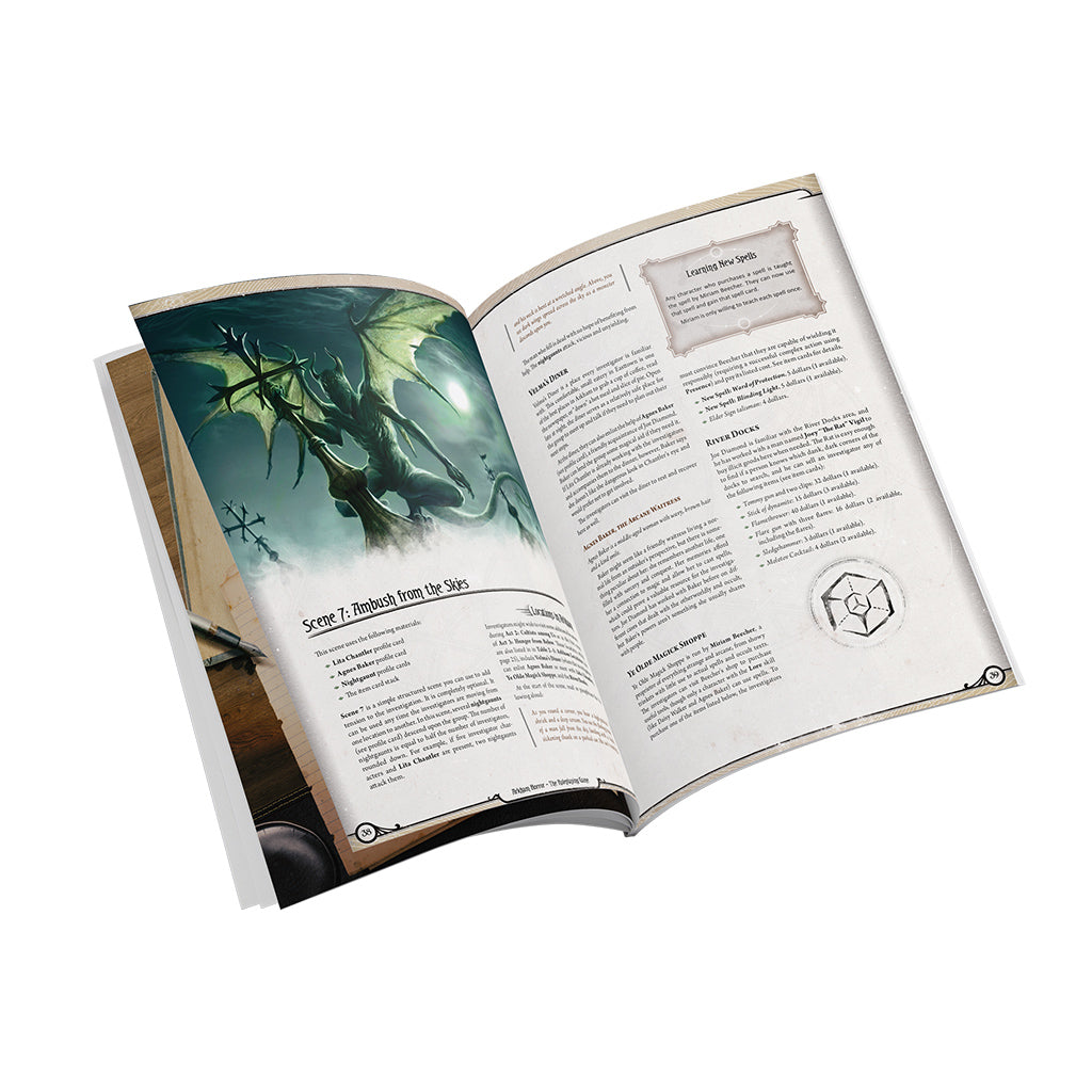 Open Arkham Horror RPG Starter Set: Hungering Abyss rulebook displaying a detailed scene illustration and gameplay instructions.