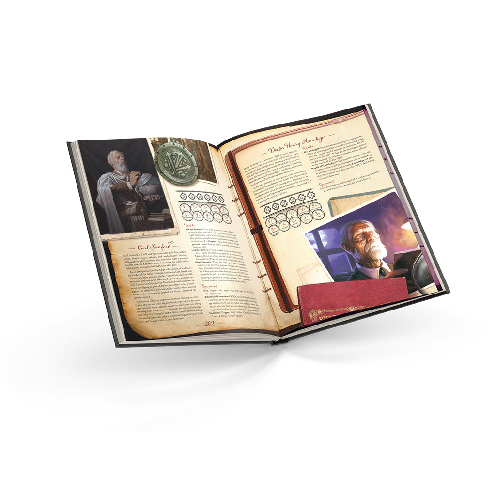 Open Arkham Horror RPG Core Rulebook showcasing detailed illustrations, character descriptions, and gameplay mechanics.