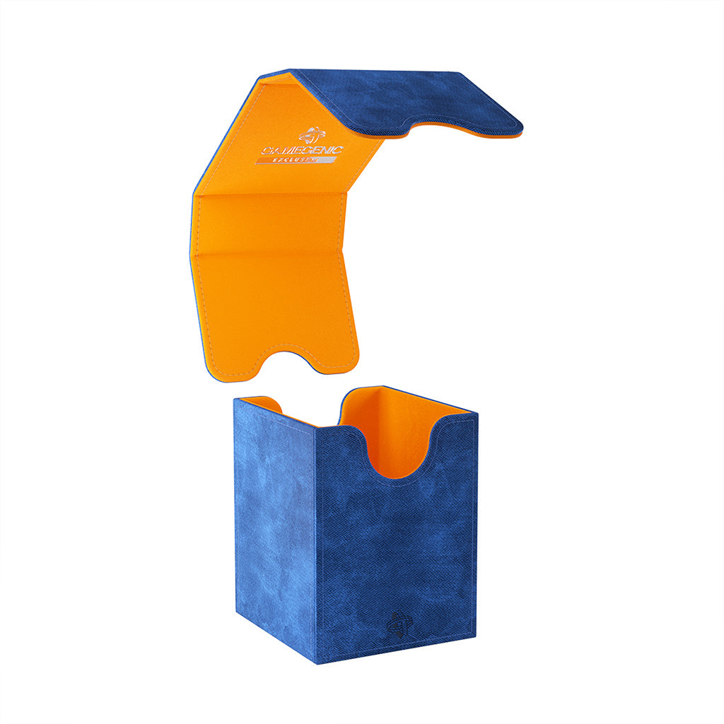 Gamegenic Deck Box Squire 100+ XL in blue and orange, featuring a stylish design and spacious interior for card storage.